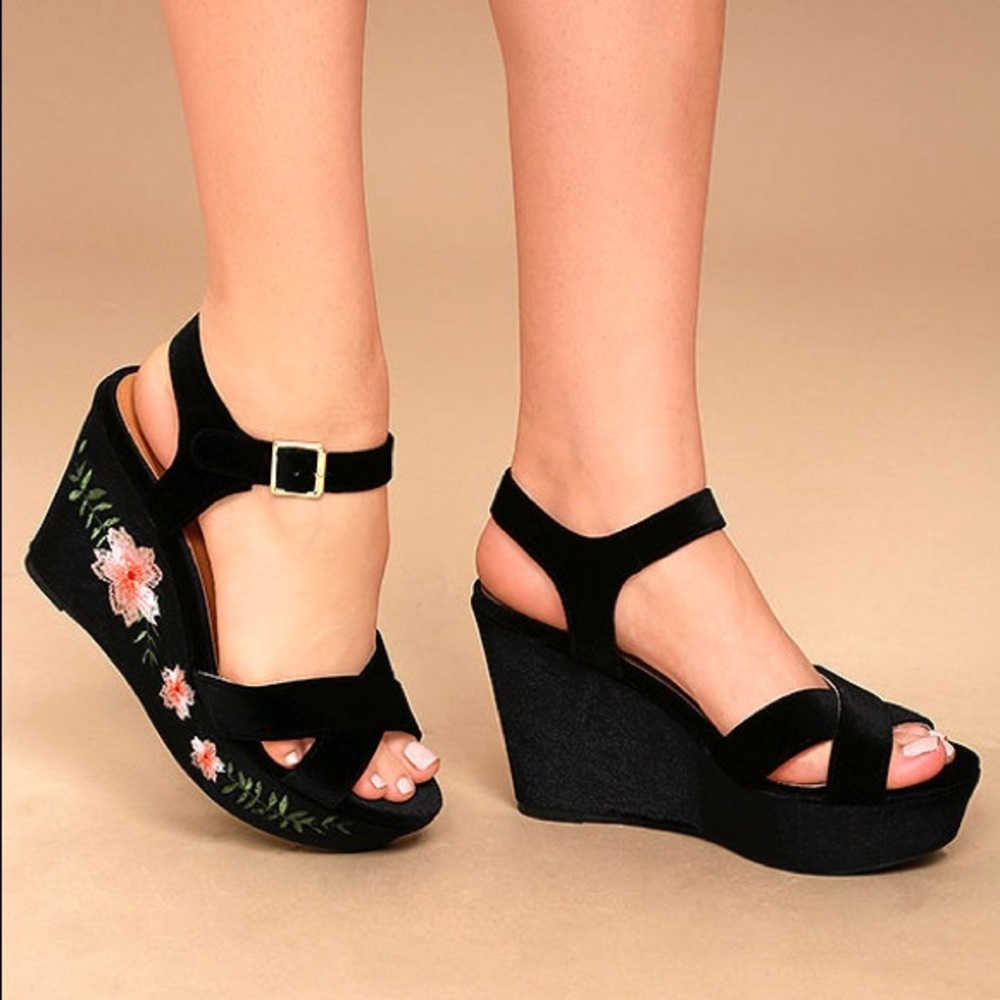 Lulus Black Velvet Embroidered Platform Wedges